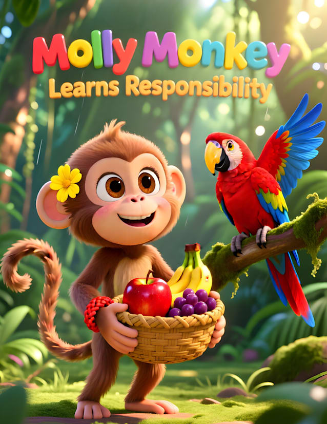 Molly Monkey Learns Responsibility Children's Bedtime Stories 8.5 X  11 Digital Download 