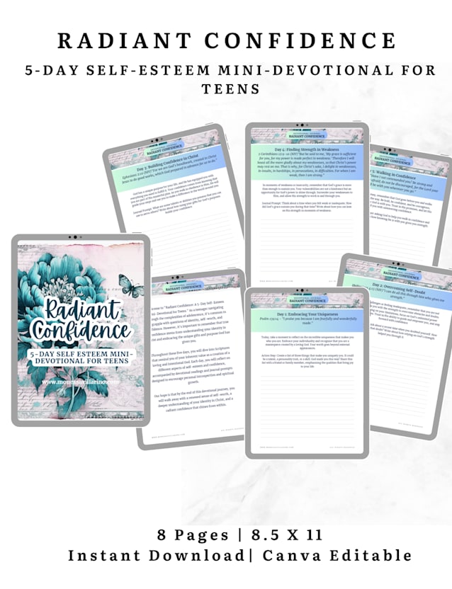 Radiant Confidence: 5-Day Self-Esteem Mini-Devotional for Teens | 8.5 X 11 Digital Download Canva Editable
