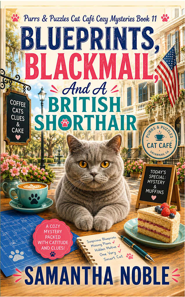 Blueprints, Blackmail, And A British Shorthair: A Dead Developer, Dangerous Secrets, and One Very Observant Cat (Purrs and Puzzles Cat Café Cozy Mysteries)