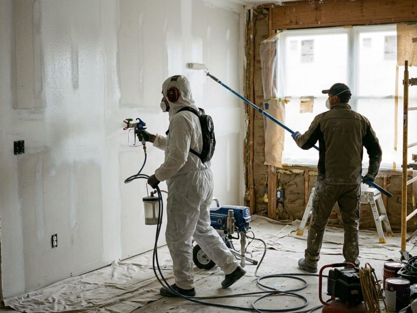 Airless spray gun and roller working on a new plasterboard wall