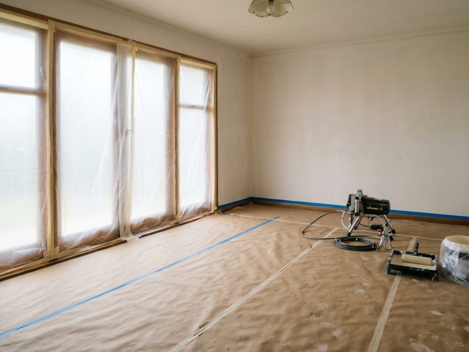 Masked room ready for spray painting with covered floor and windows