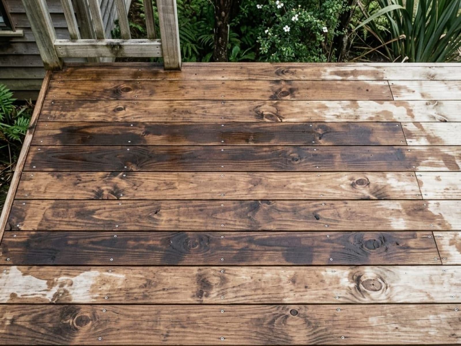 Newly stained timber deck with uneven dark and light patches
