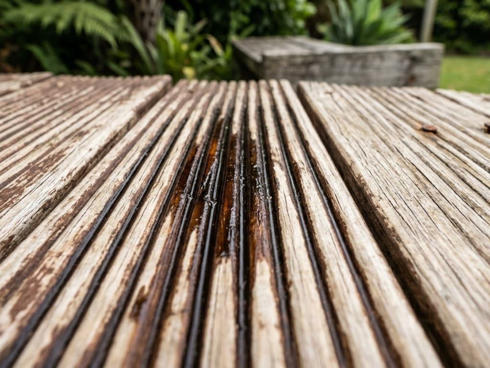 Dark lines of pooled stain in the grooves of reeded deck boards