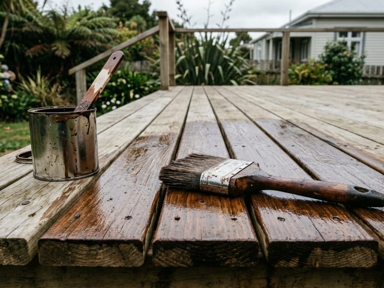 Deck boards being stained end to end with a brush