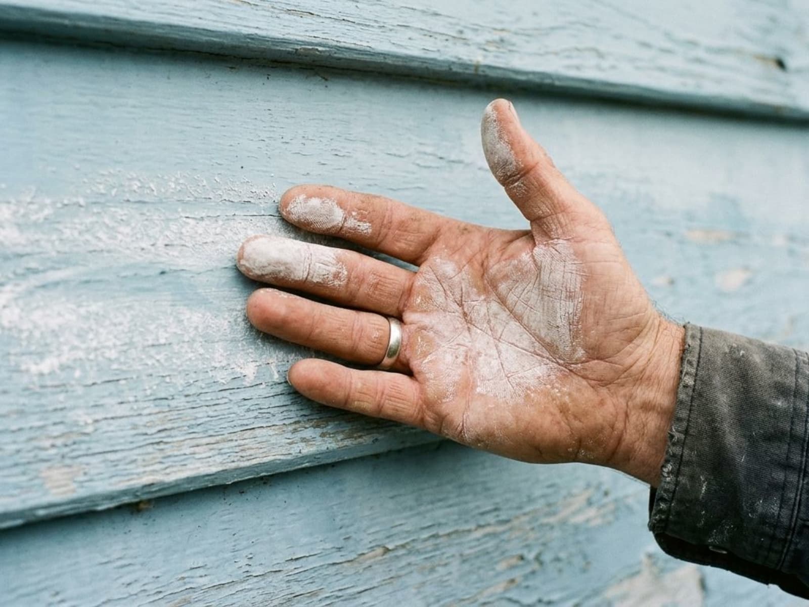 Hand wiped across a faded pale exterior wall leaving chalky white powder