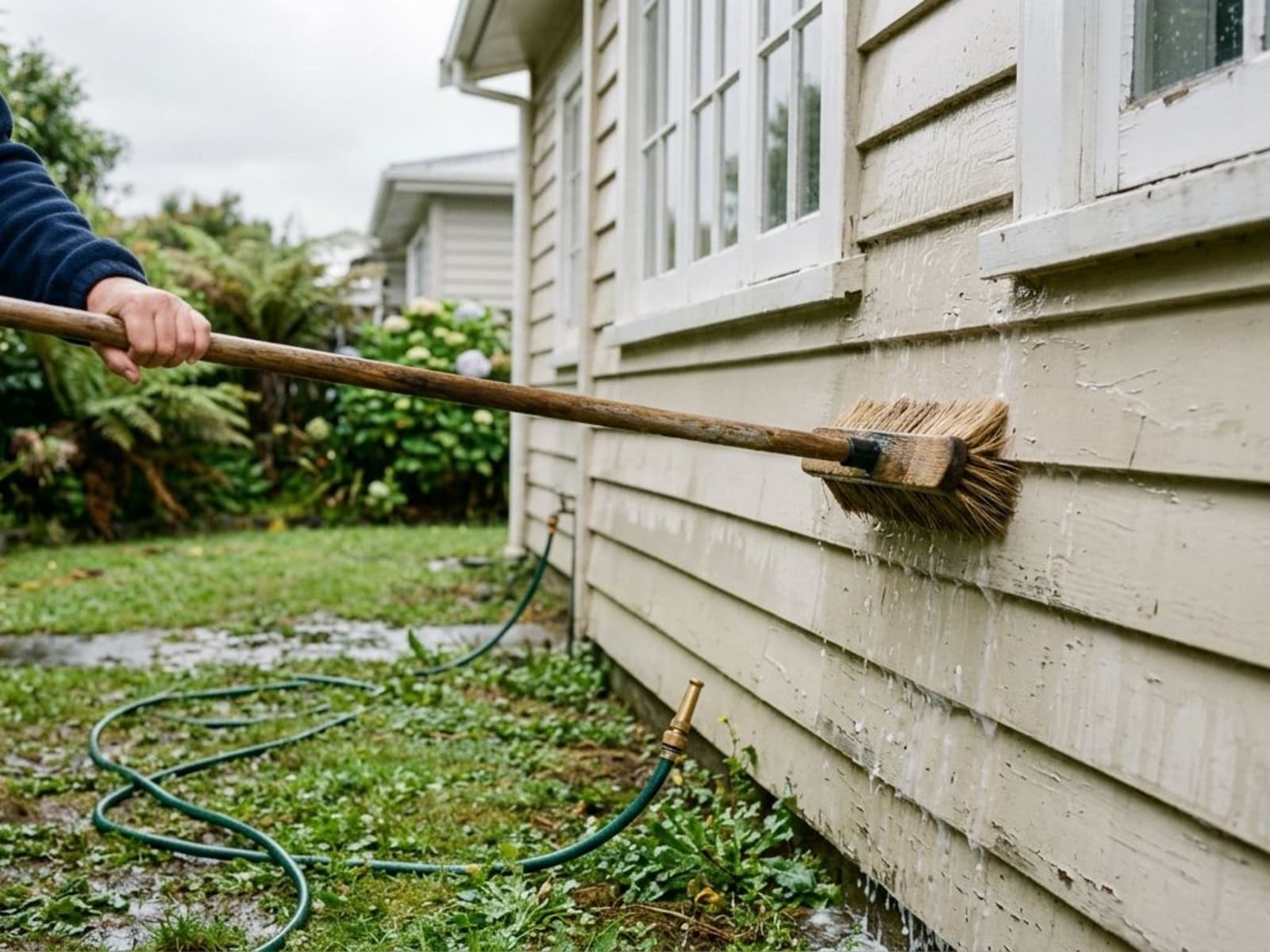 Soft broom on a pole washing down a weatherboard wall with water