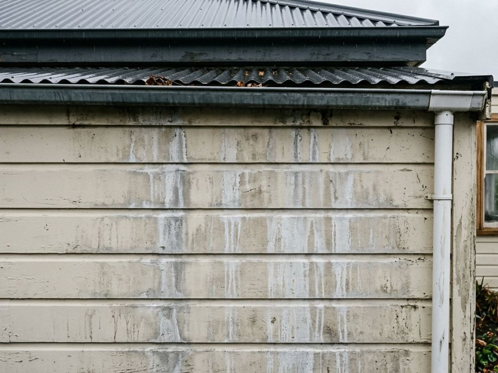 White chalky streaking on a wall below a gutter after rain
