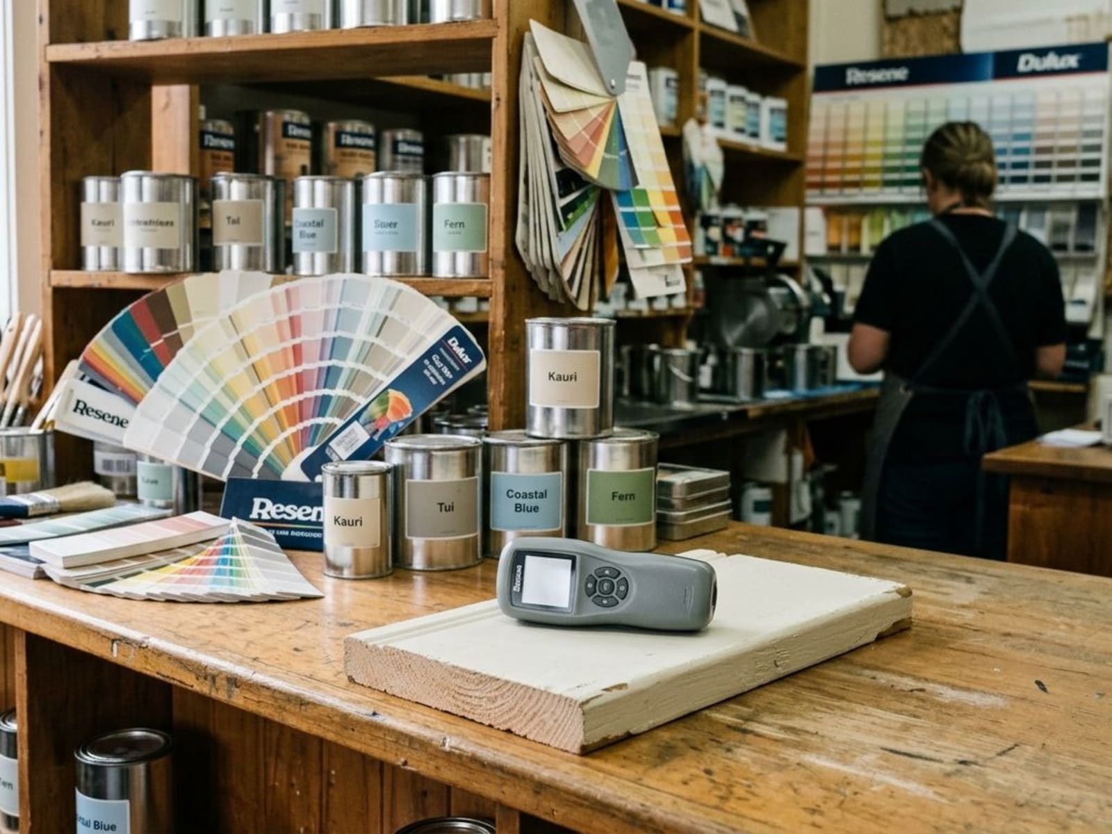 Handheld colour scanner resting on a painted skirting offcut