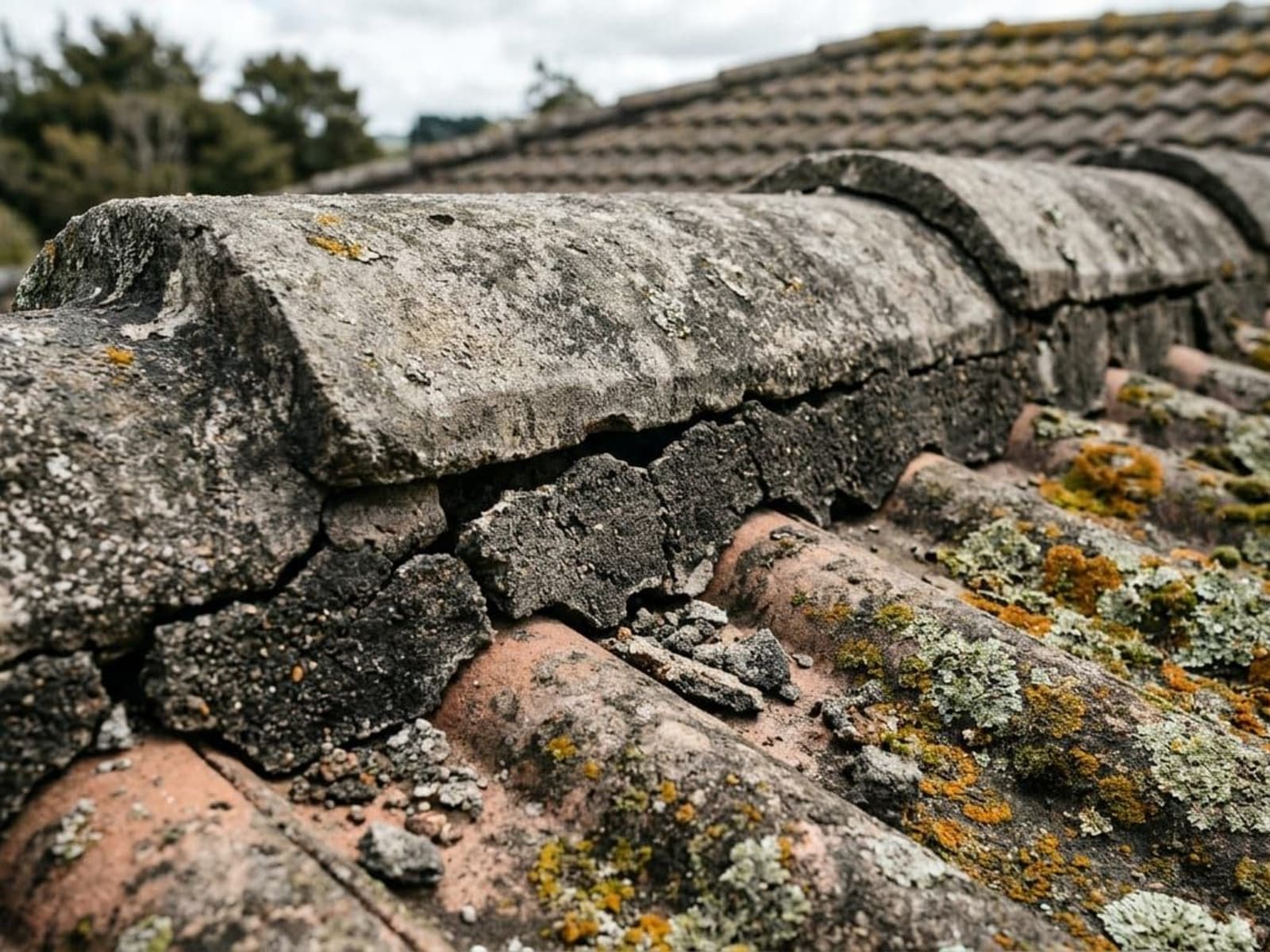 Cracked mortar under a concrete roof ridge cap