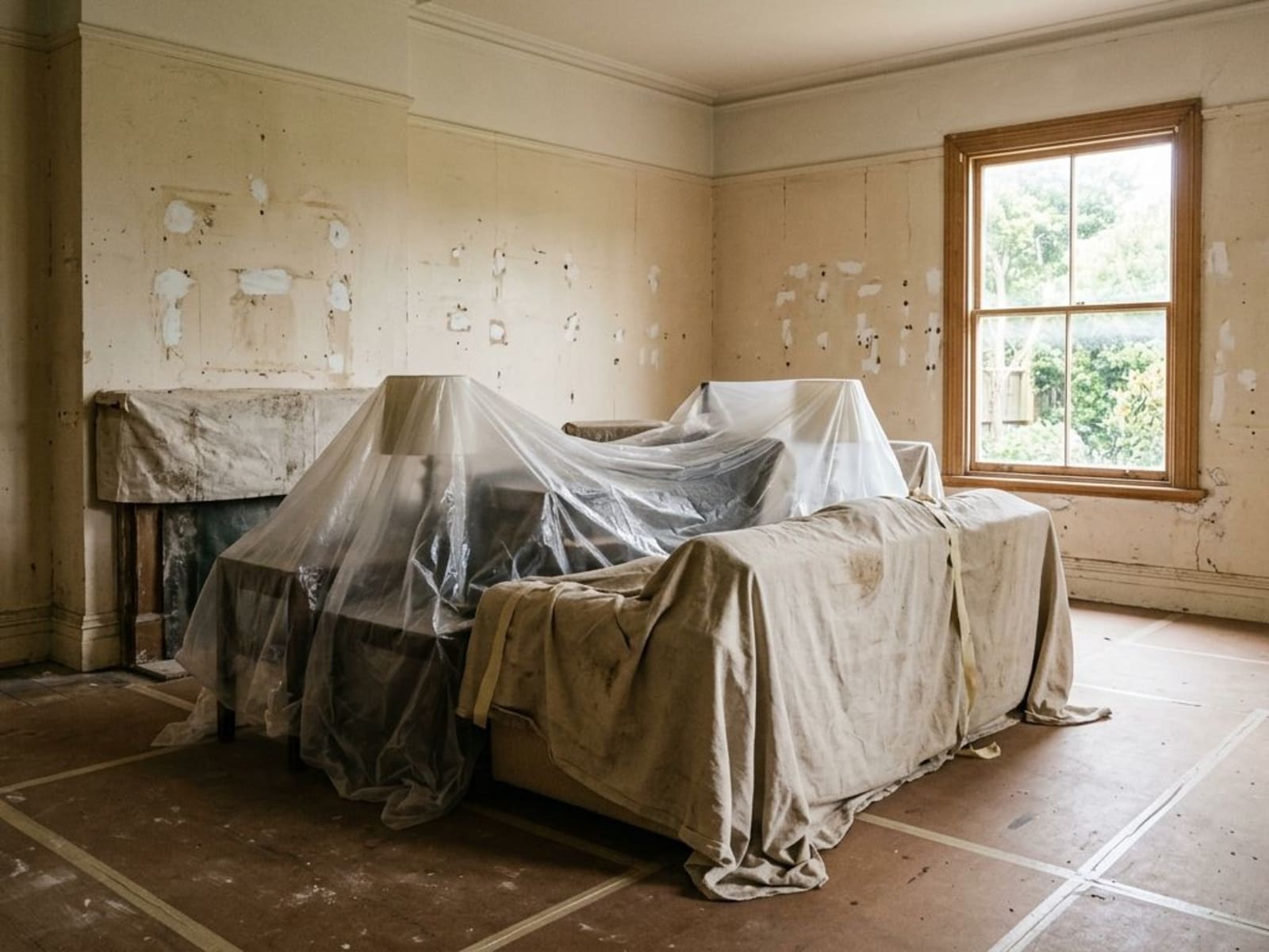 Living room furniture stacked in the centre under dust sheets