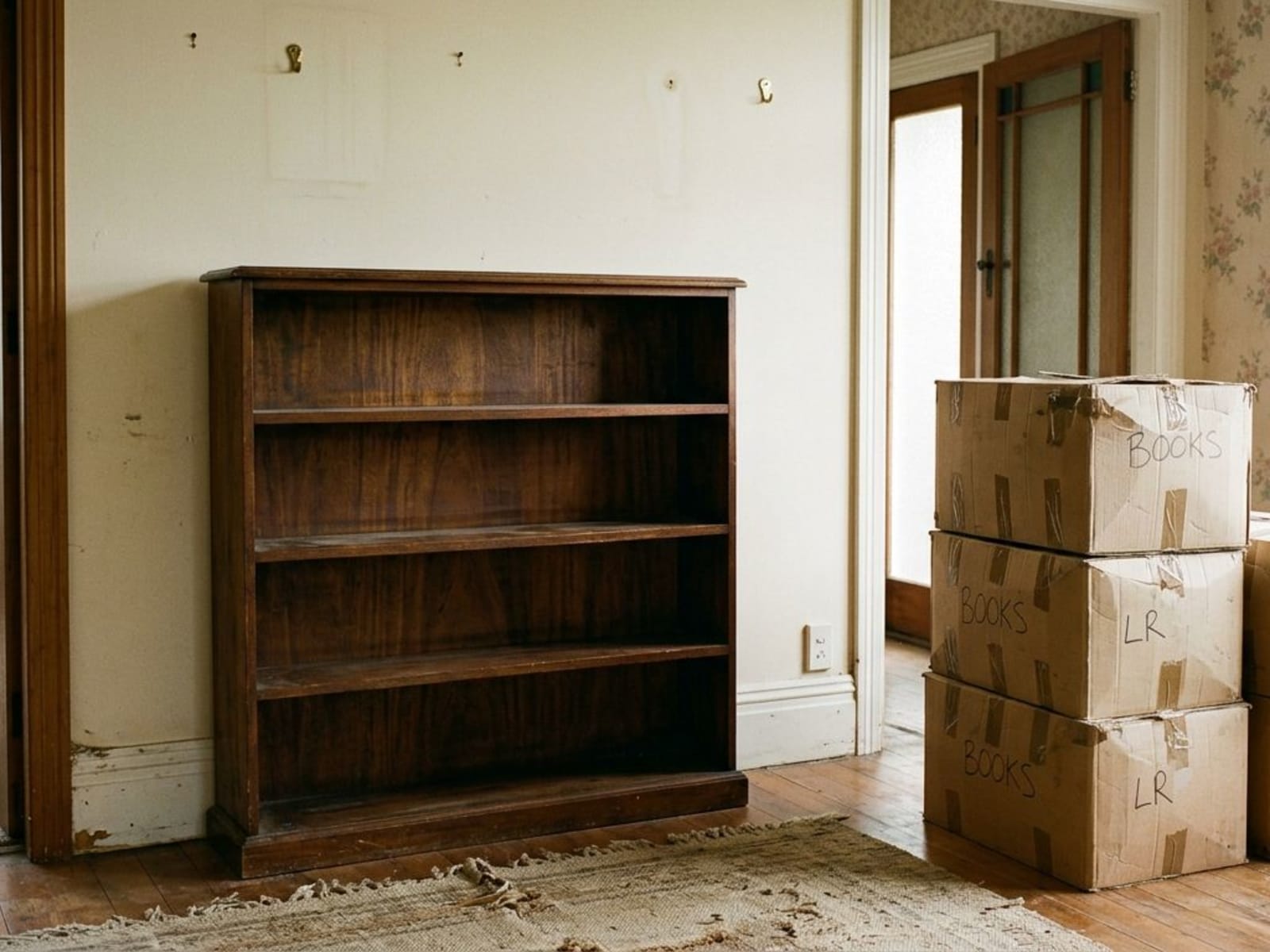 Emptied bookshelf and boxed contents before an interior repaint
