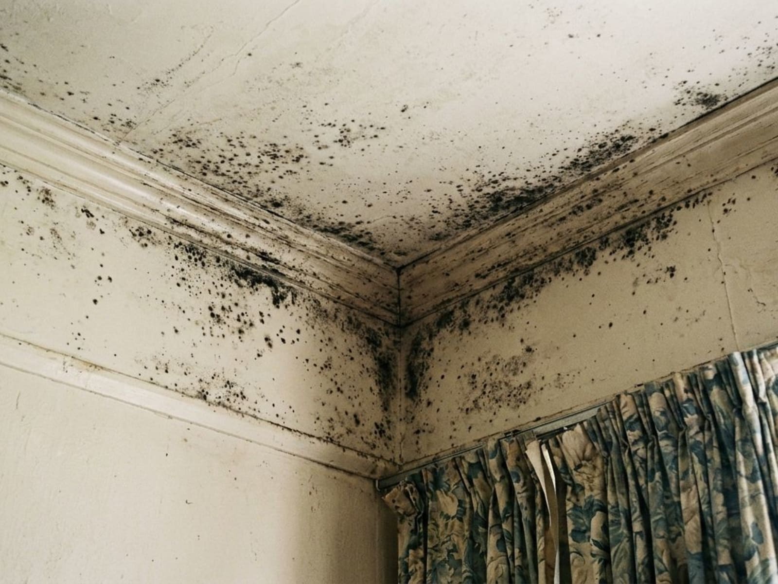 Mould spreading on a bedroom ceiling in an external corner