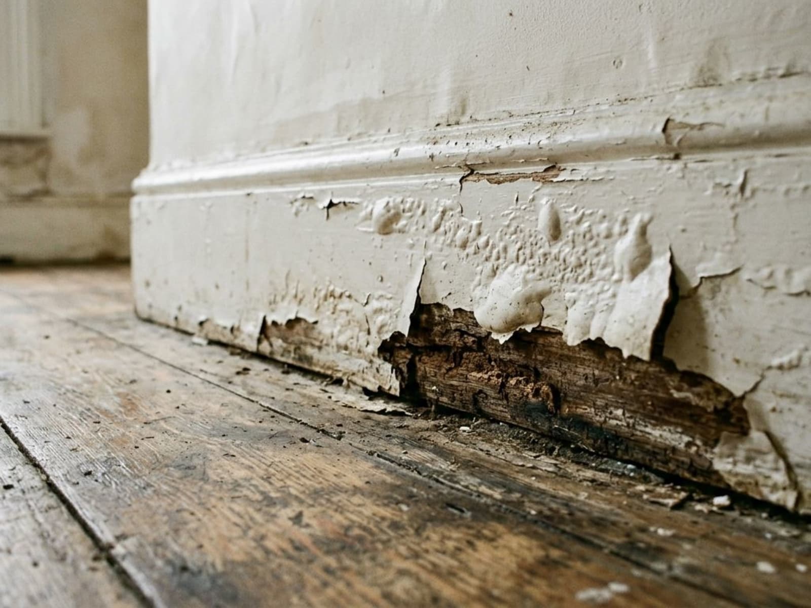 Blistered paint along the bottom edge of a skirting board