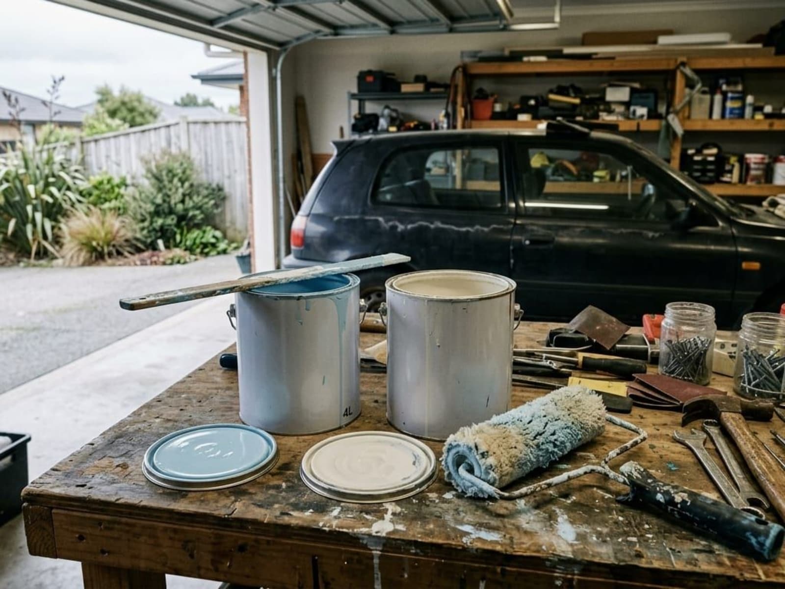 Opened paint tins and a stirring stick on a garage bench
