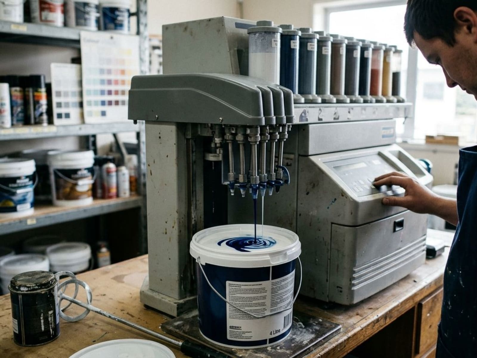 Tinting machine dispensing colour into a base tin of paint