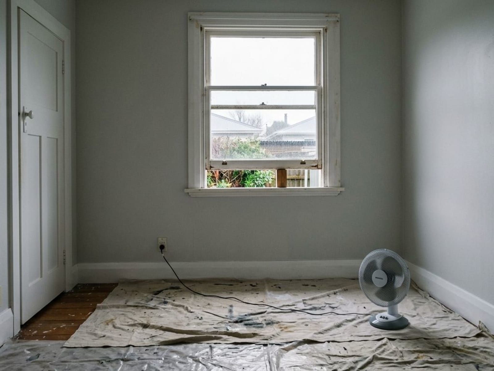 Freshly painted bedroom with a sash window propped open and a fan running
