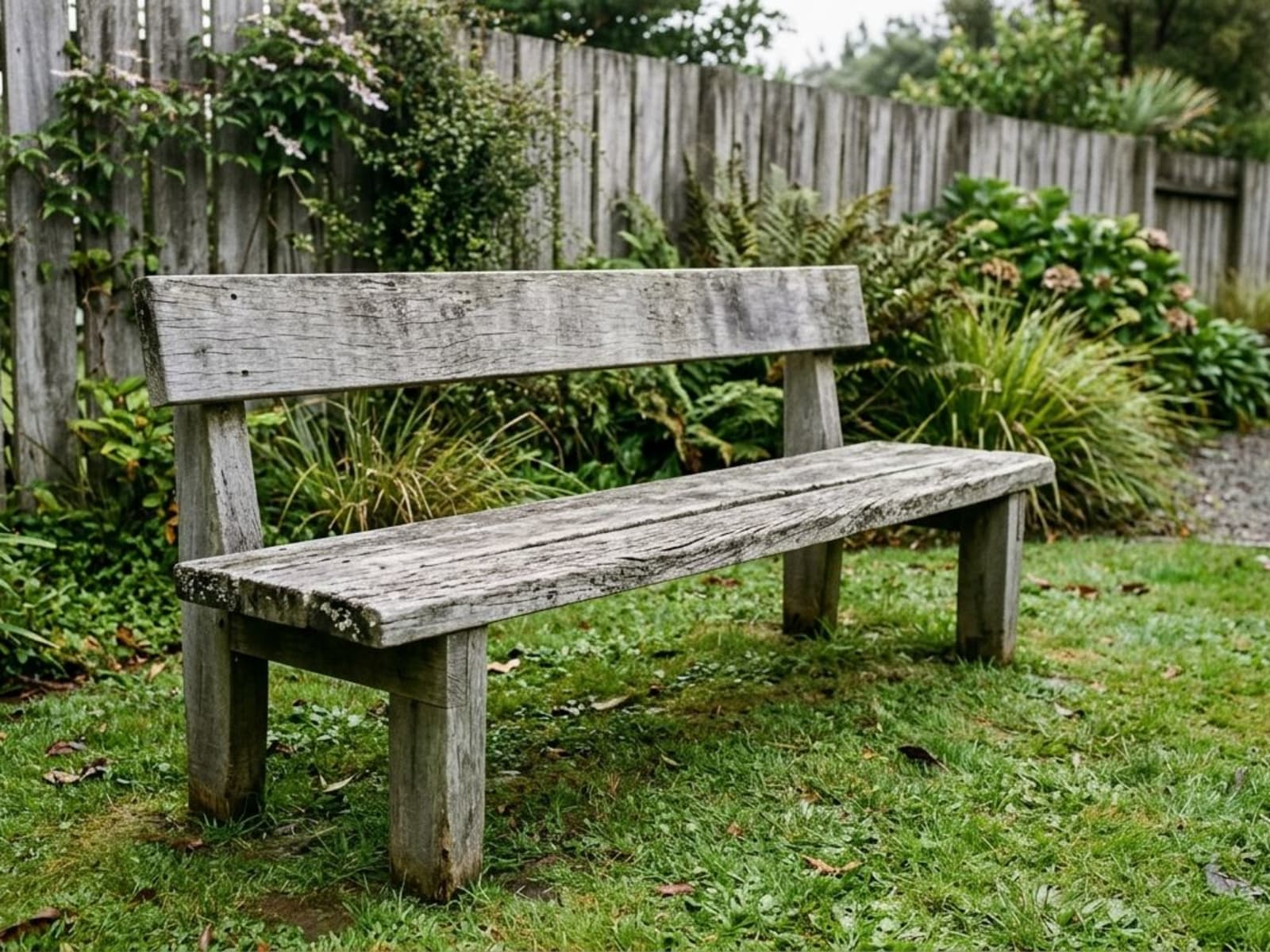 Weathered grey macrocarpa garden bench with patches of mould