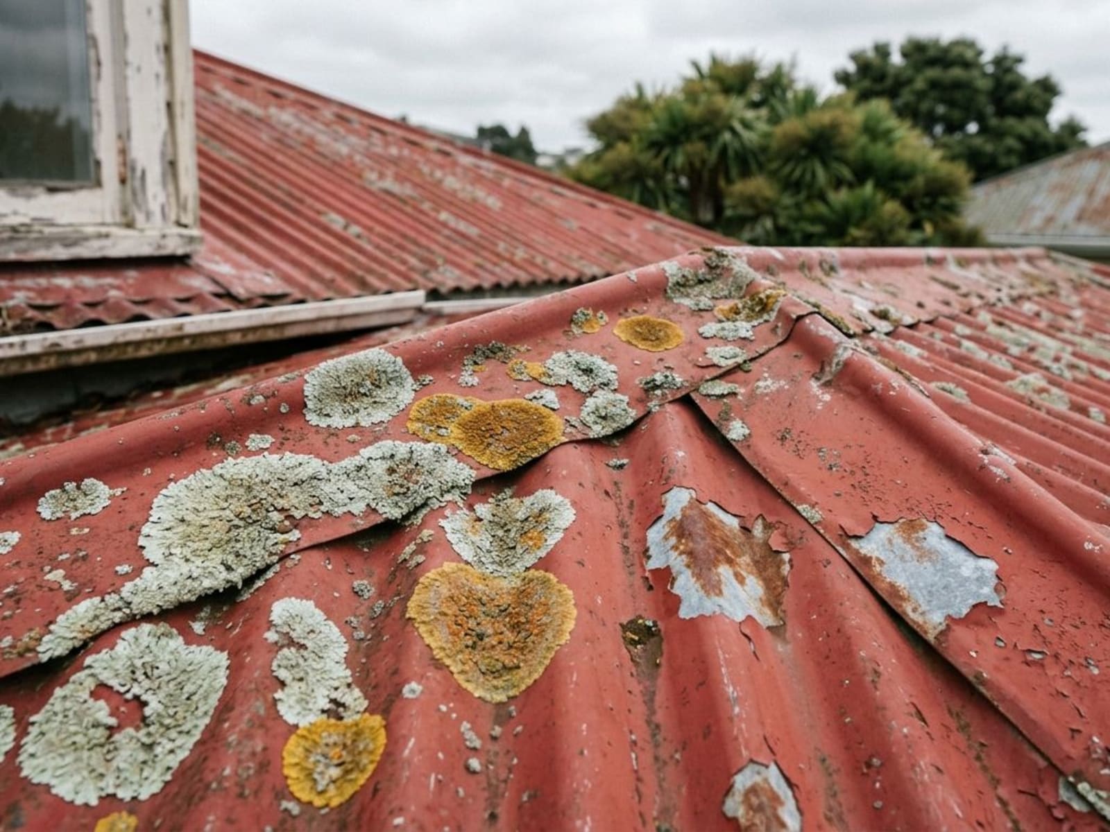 Grey and yellow lichen patches on a faded painted corrugated iron roof