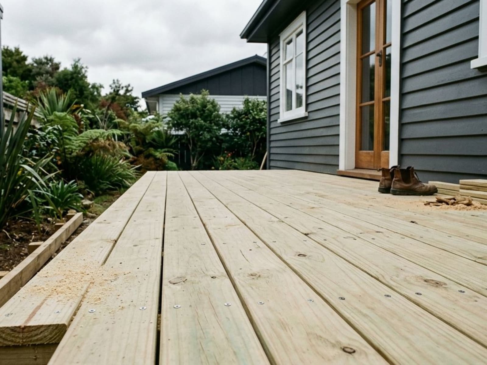 Newly built pale green-tinged treated pine deck before any stain