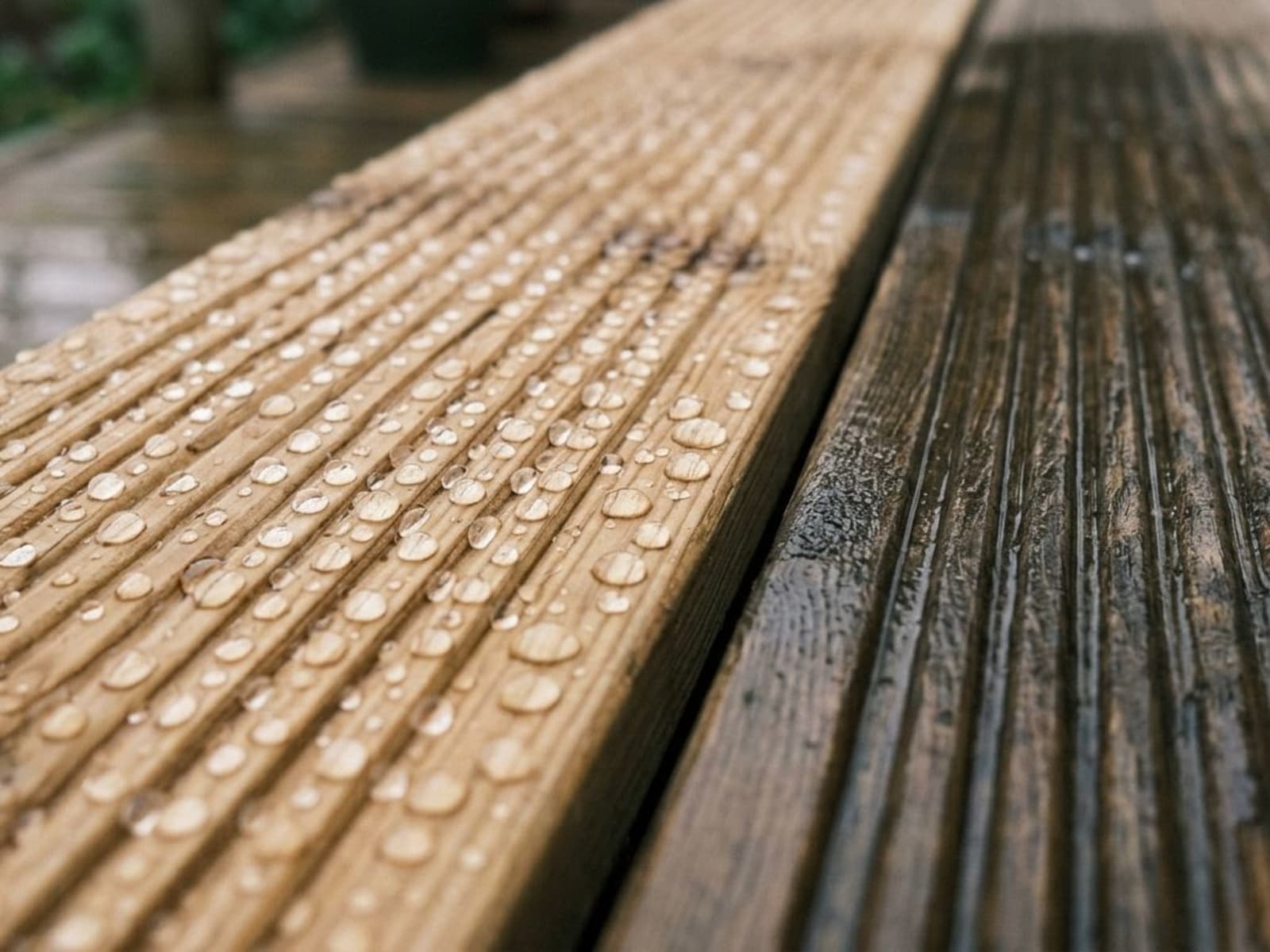 Water drops beading on the surface of a new pine deck board