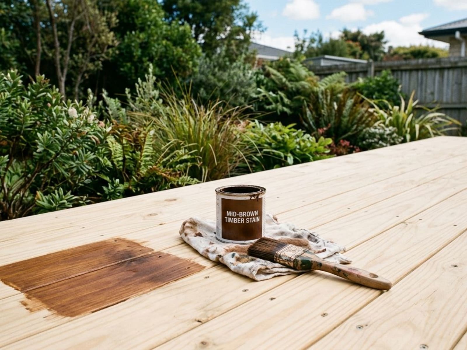 Half-stained pine deck showing a small test patch of brown stain