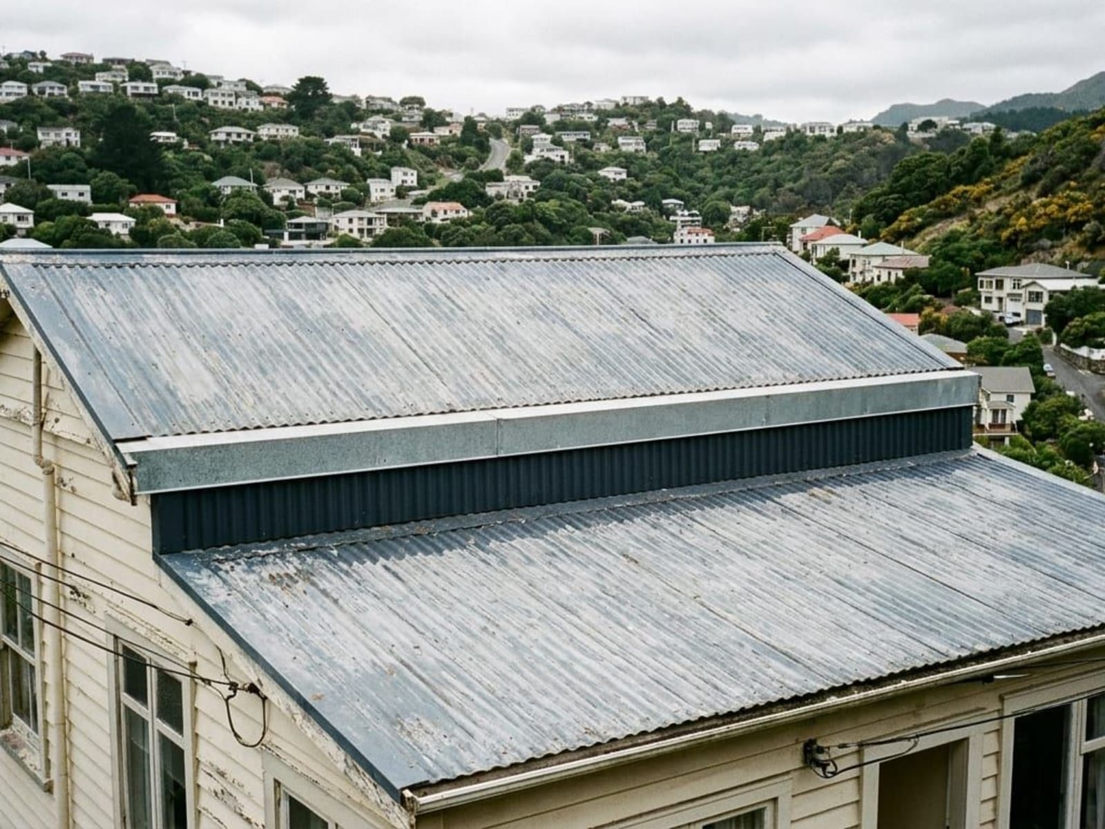 Faded pre-painted corrugated steel roof on a Wellington house