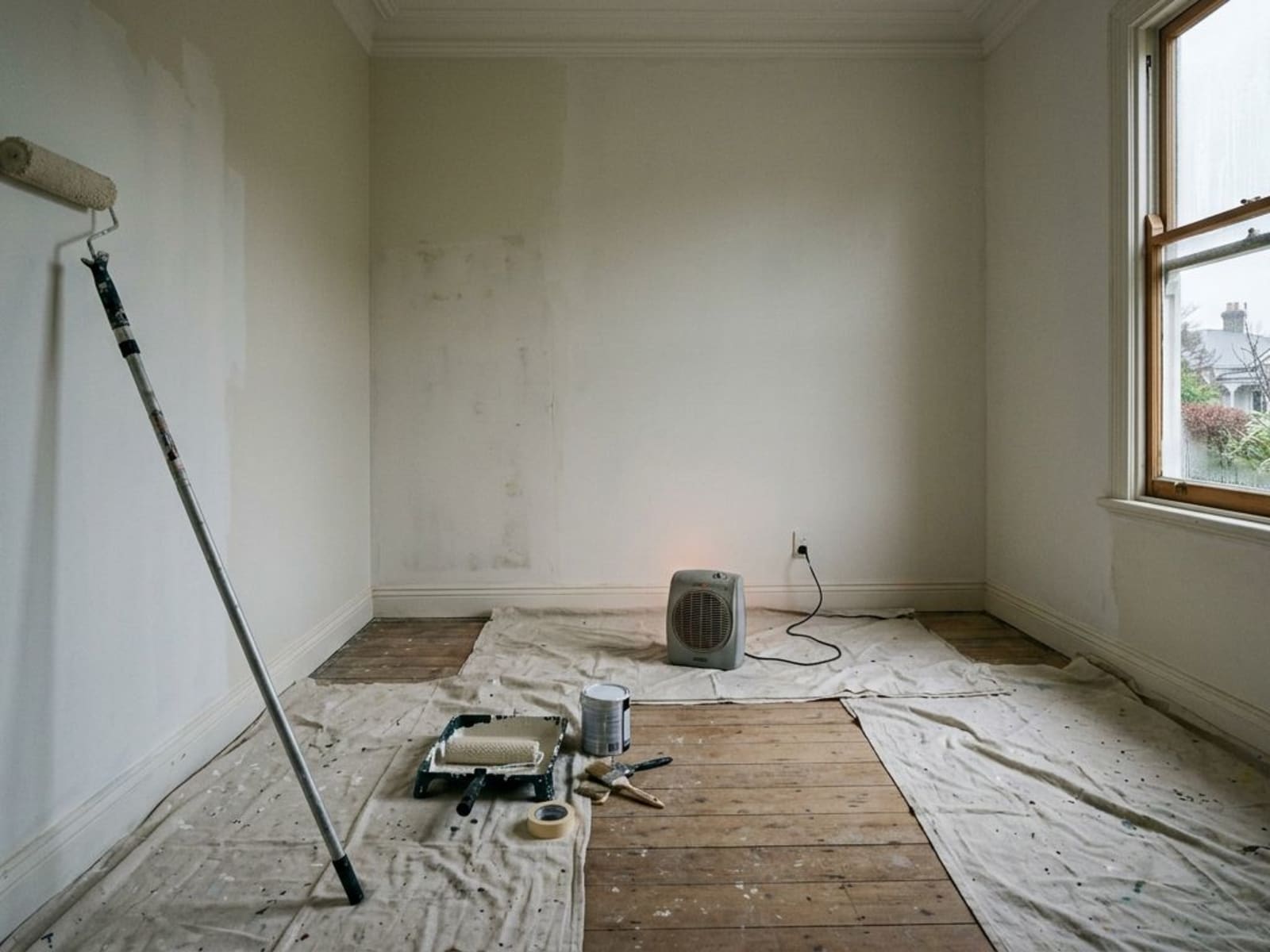 Interior wall being rolled in winter with a window ajar and heater nearby