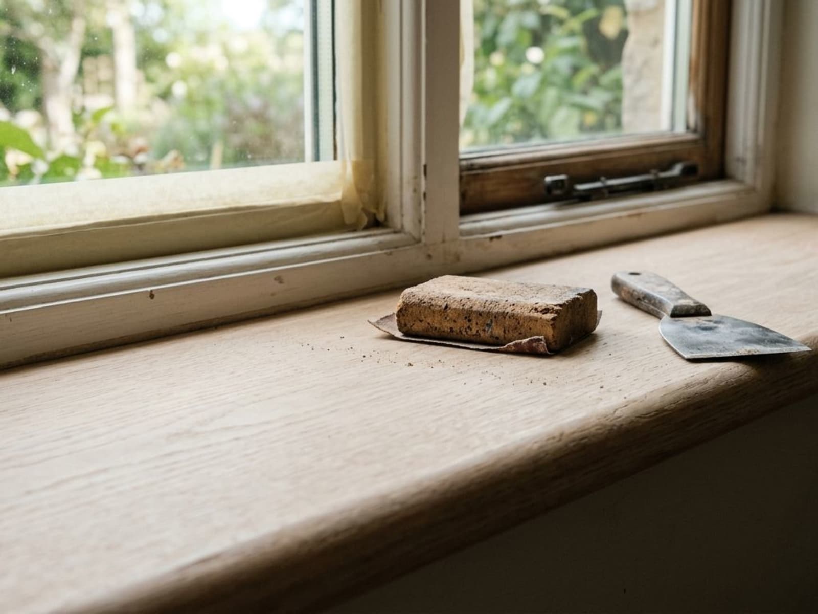 Scraped timber sill with a rounded front edge ready for priming