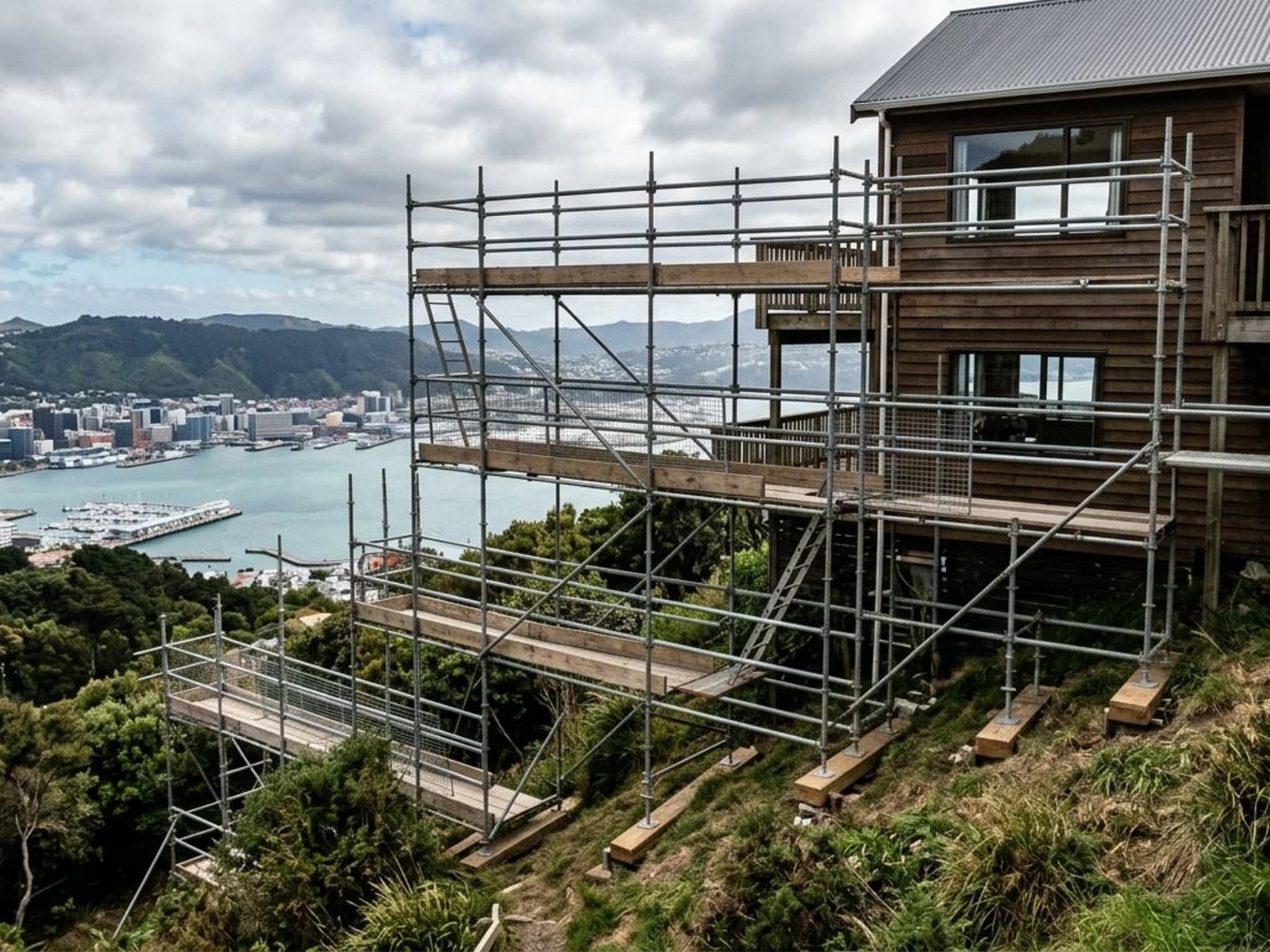 Scaffolding stepped down a steep bank beside a hillside house