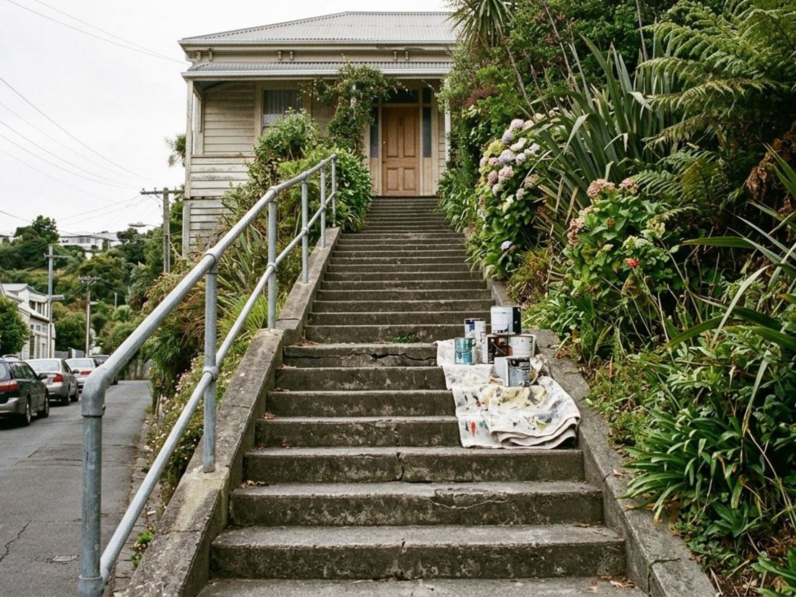 Long flight of concrete steps up to a house entrance from the street