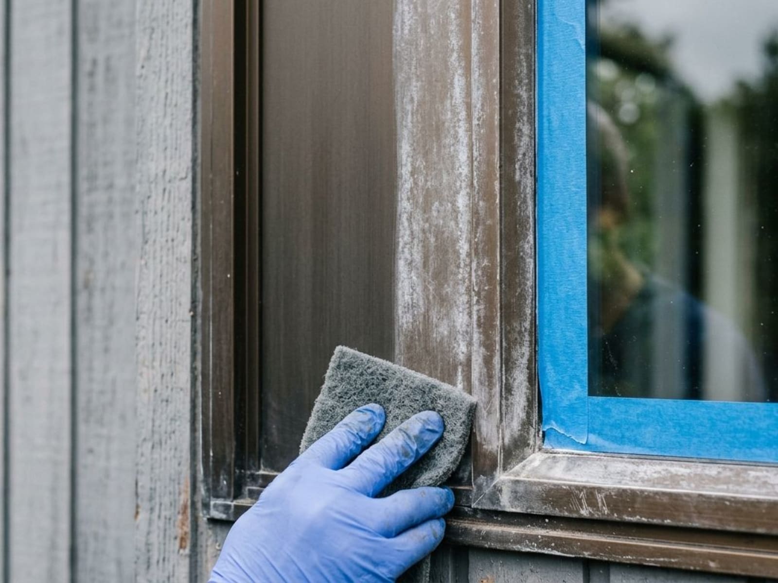 Chalked bronze aluminium window frame being scuffed with an abrasive pad