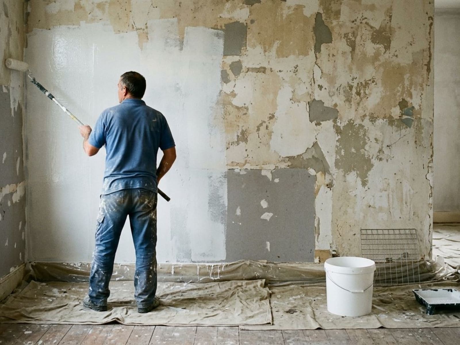 Roller applying white pigmented sealer to a stripped interior wall