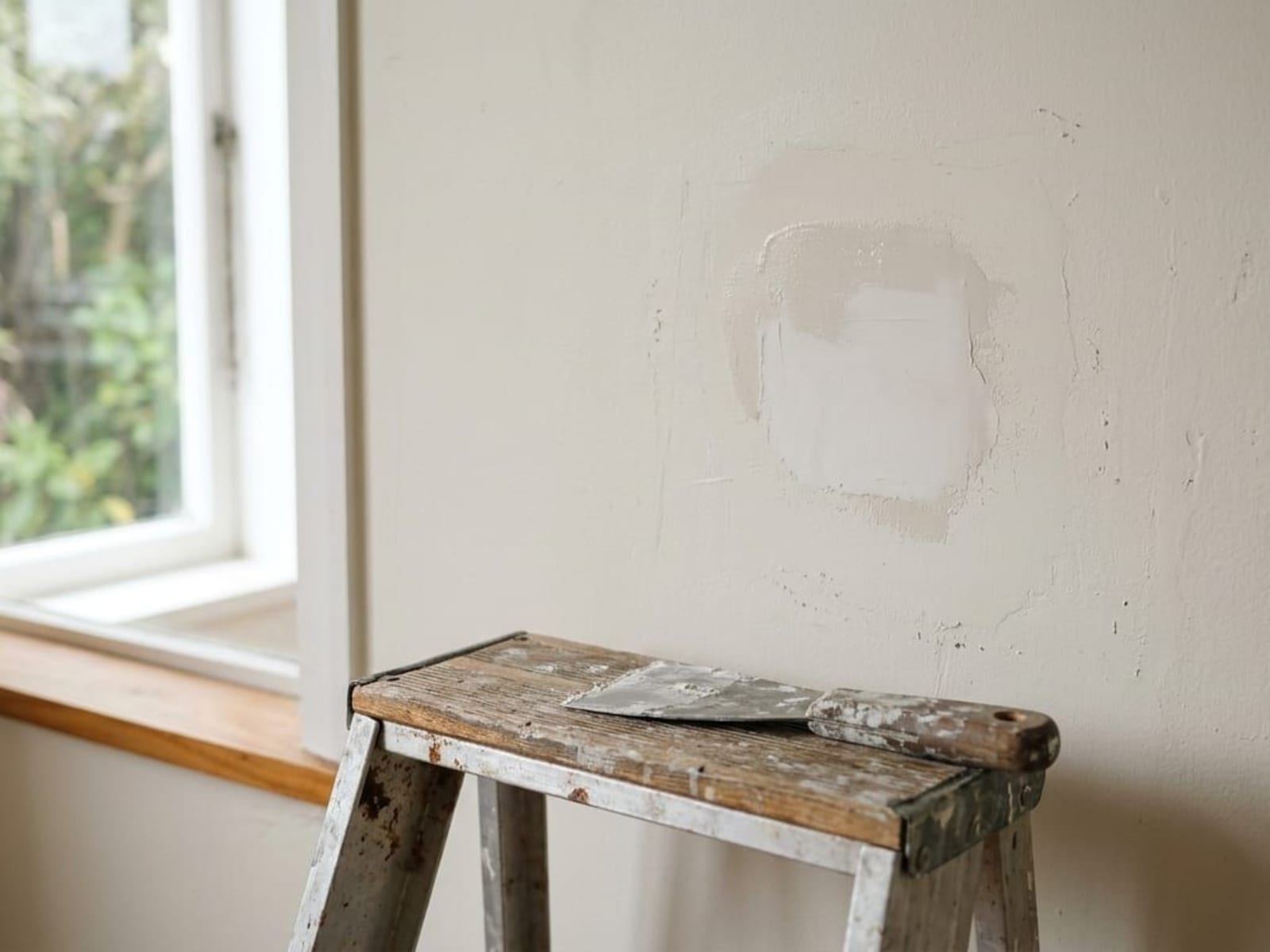 Filled and spot-sealed patch repair on a plasterboard wall before painting