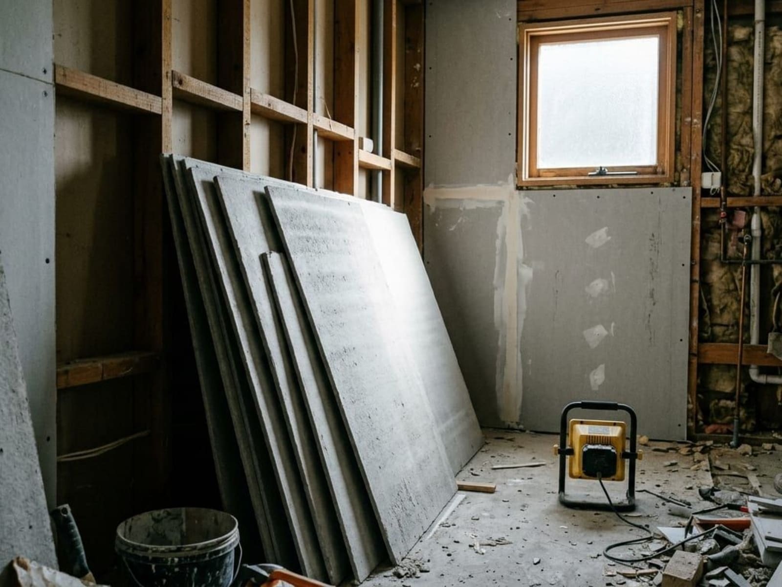Fibre-cement lining sheets stacked in a bathroom under renovation