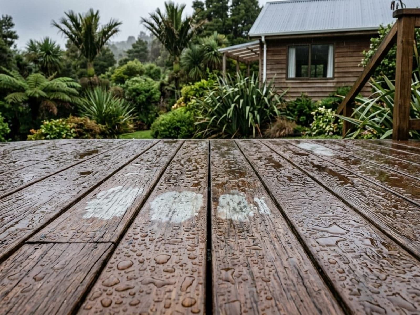 Raindrops beading on a freshly stained timber deck