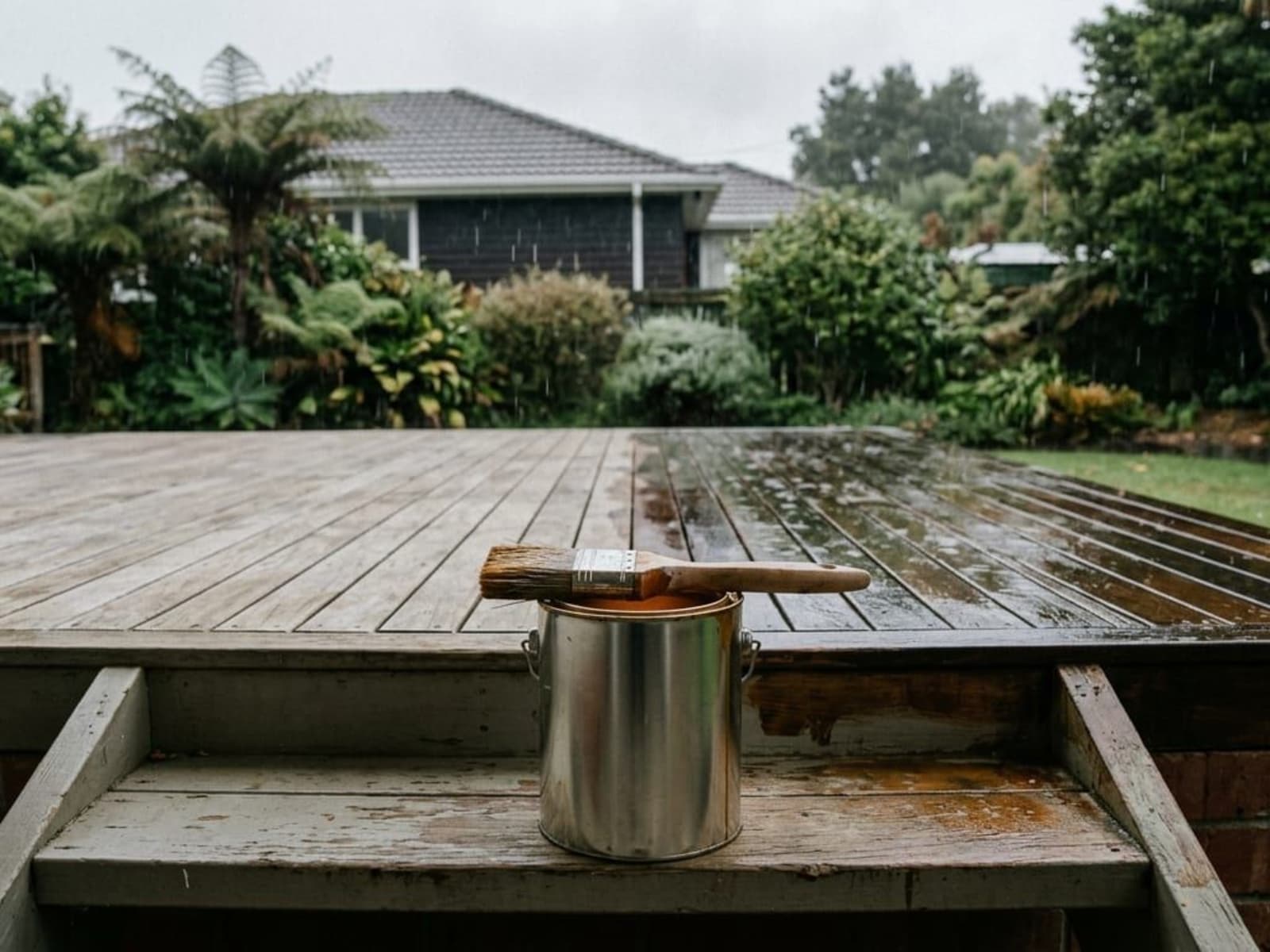 Opened deck stain tin and brush on a covered porch while rain falls