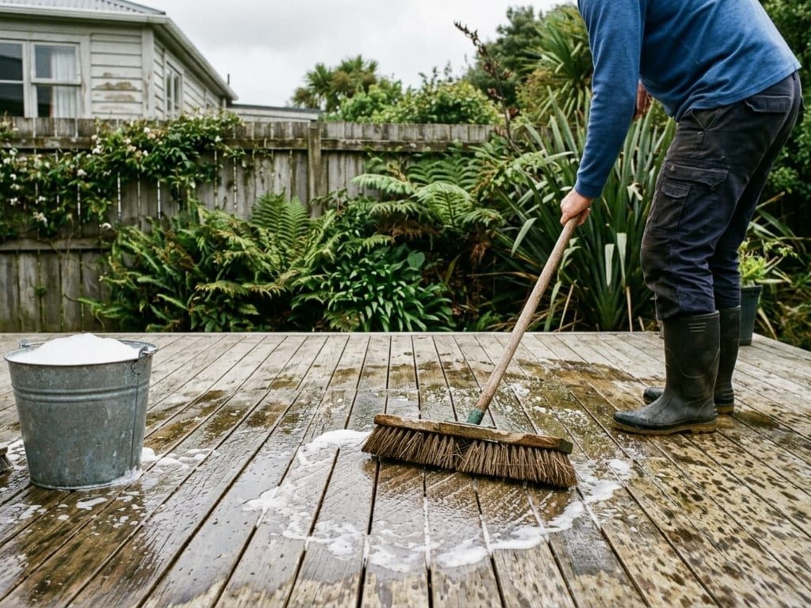 Deck boards being scrubbed with a stiff broom before a recoat