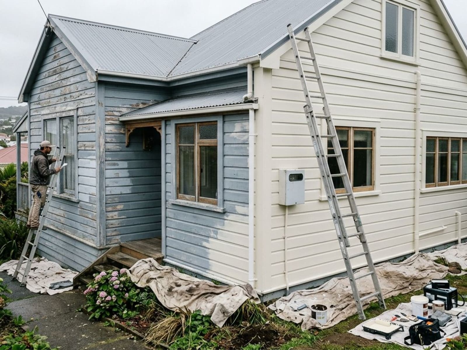 Weatherboard rental house mid-repaint with drop sheets and ladder