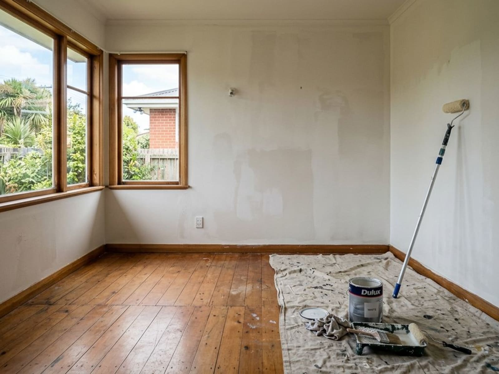 Empty rental living room with freshly rolled walls drying