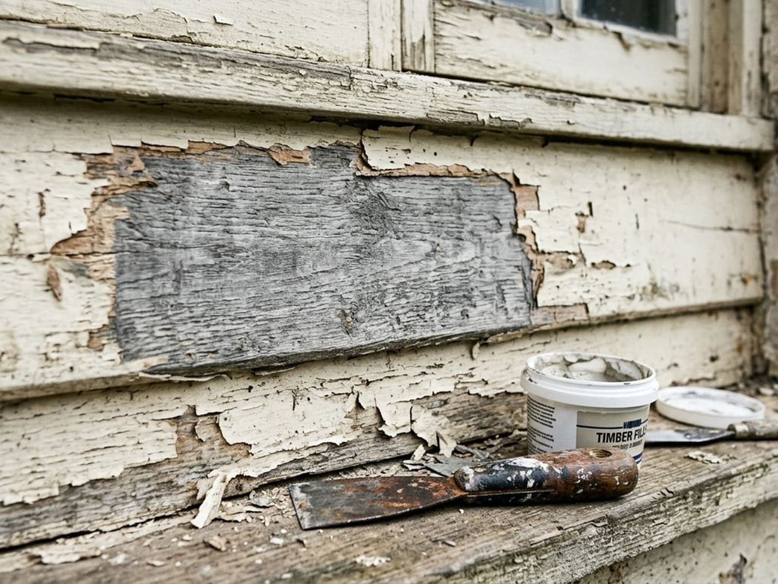 Scraper and filler at bare timber on an old weatherboard wall