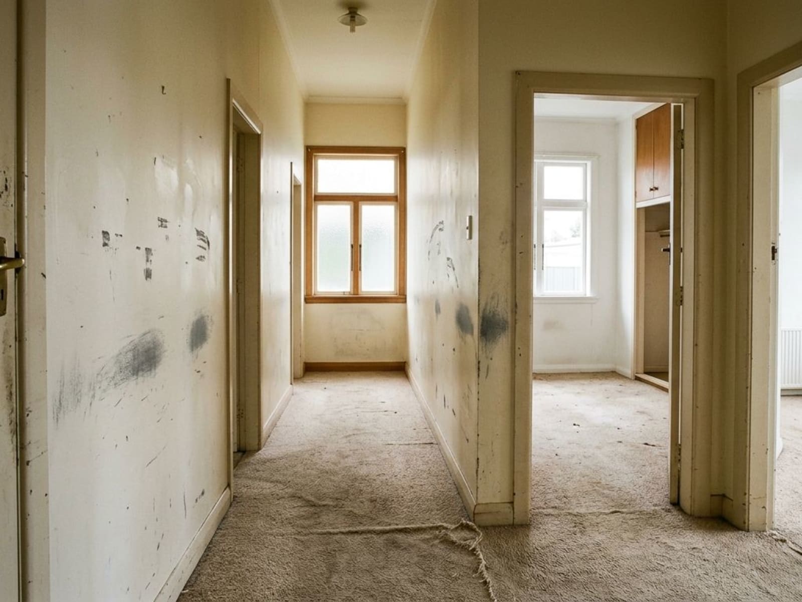 Scuff marks along an empty rental hallway wall