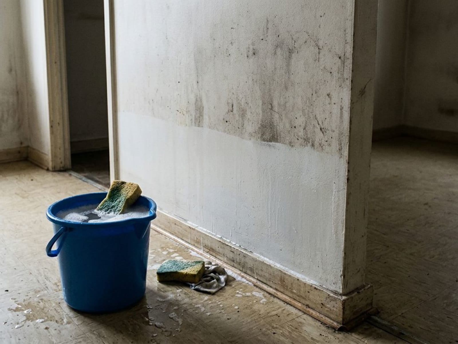 Bucket of sugar soap and sponge beside a marked wall