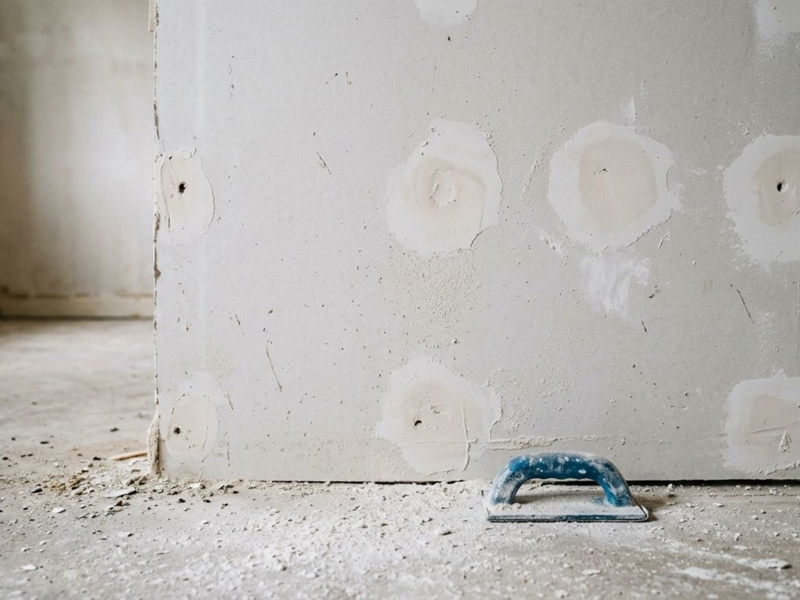 Filled and sanded patches across an interior wall before painting