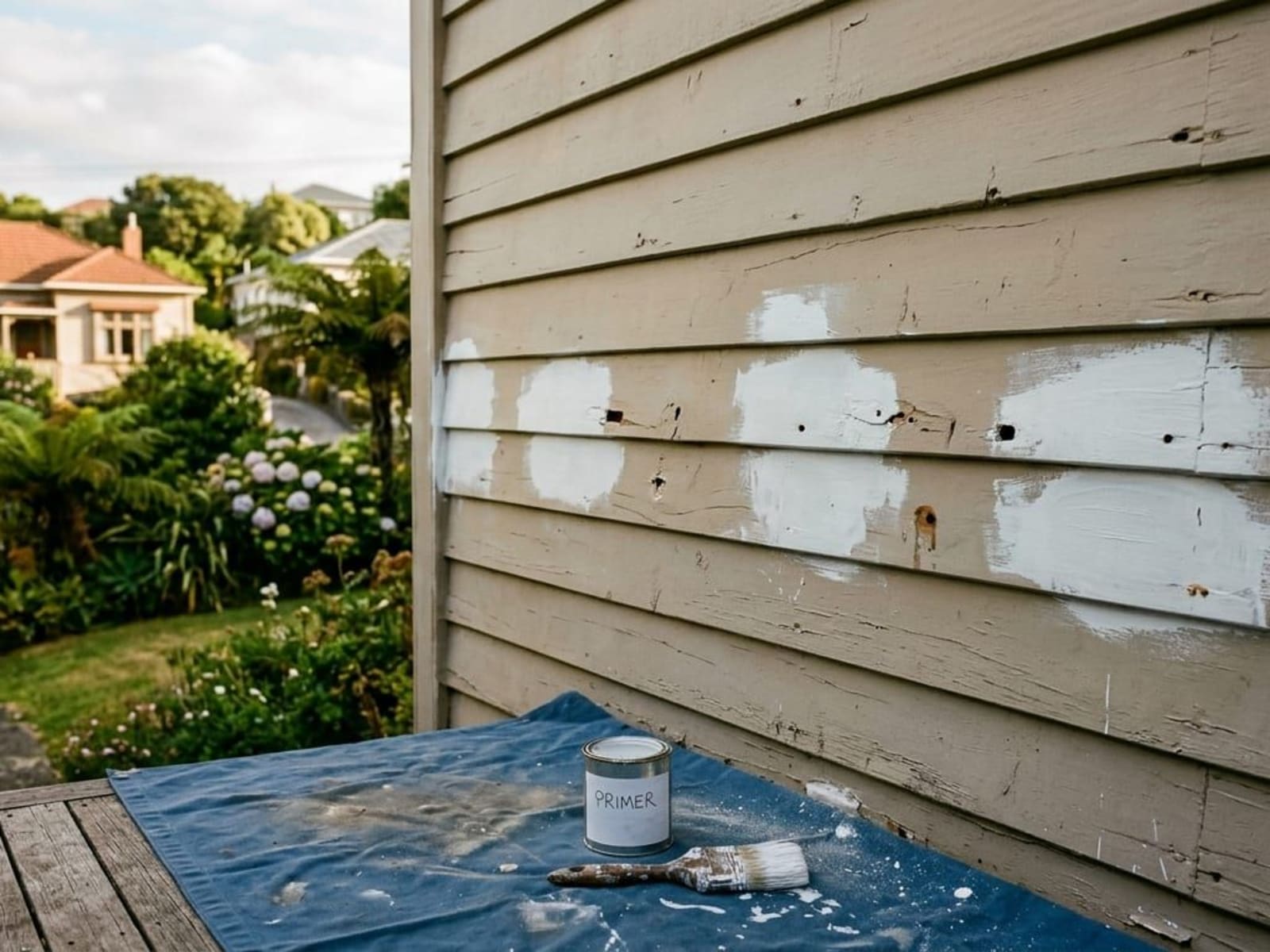 Freshly spot-primed patches on a weatherboard wall late in the day