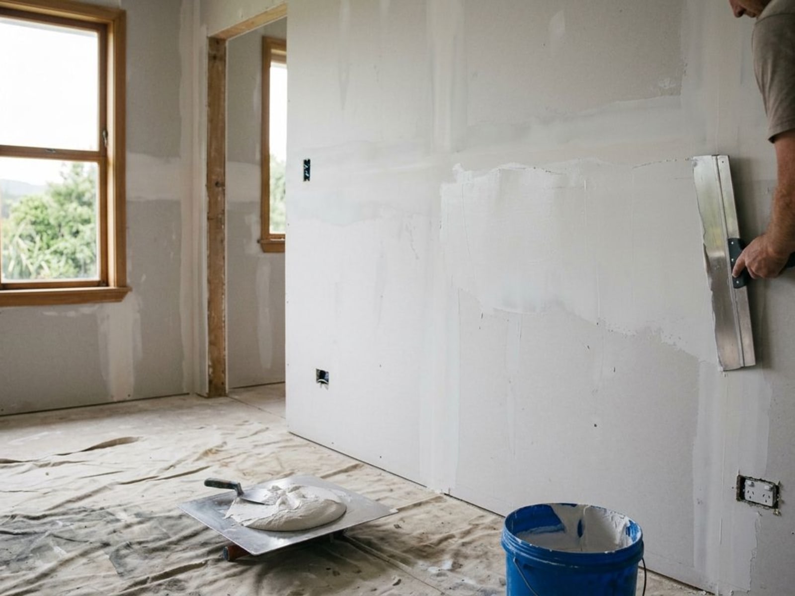 Wide stopping trowel spreading a thin skim coat across an interior wall