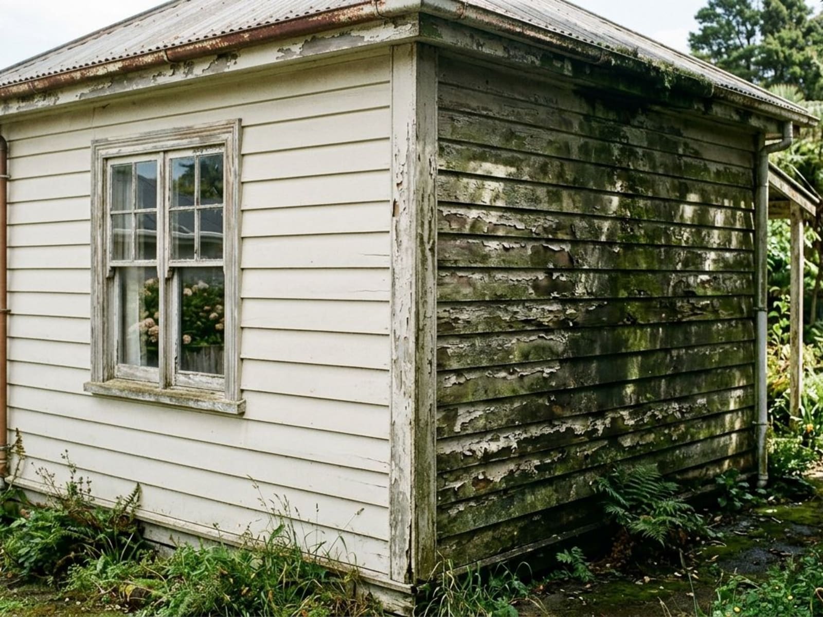 Two elevations of the same house in very different condition