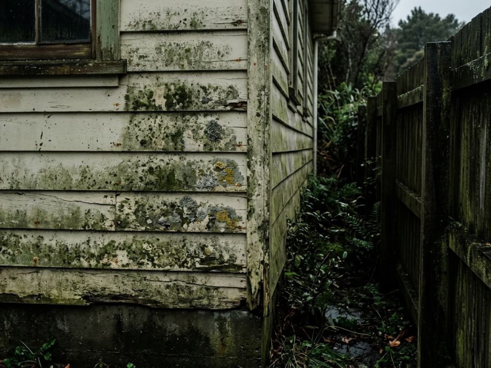 Green lichen and mould growth across a shaded south-facing wall