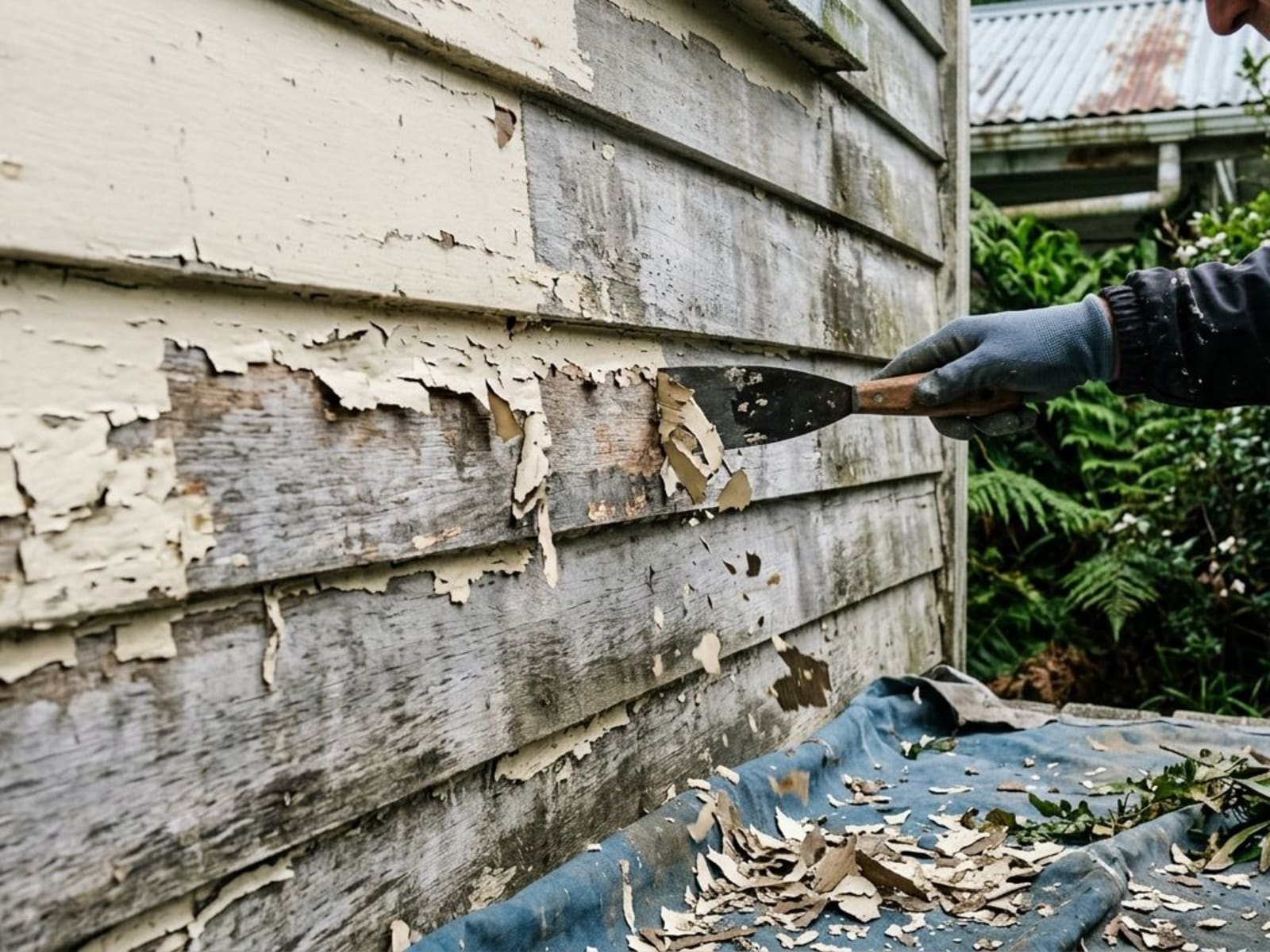Scraping flaking paint from a damp shaded weatherboard wall