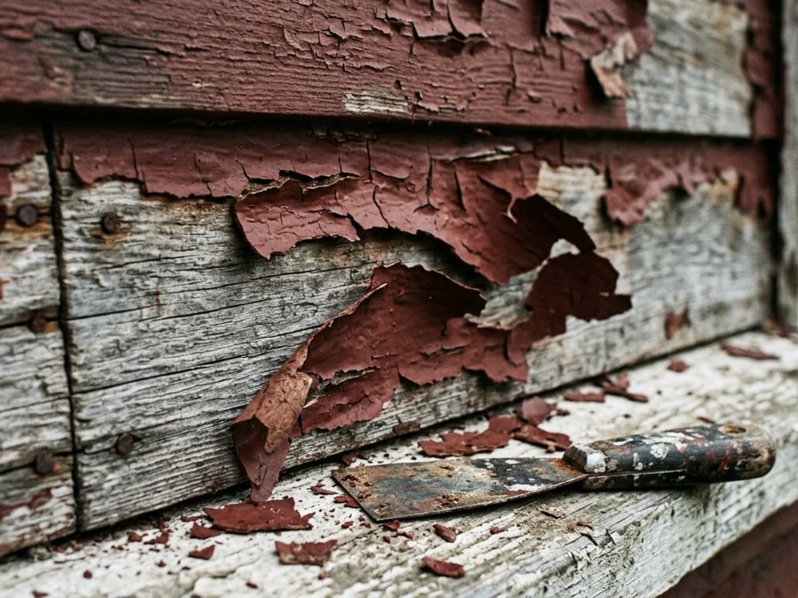 Peeling film stain lifting in flakes from timber cladding