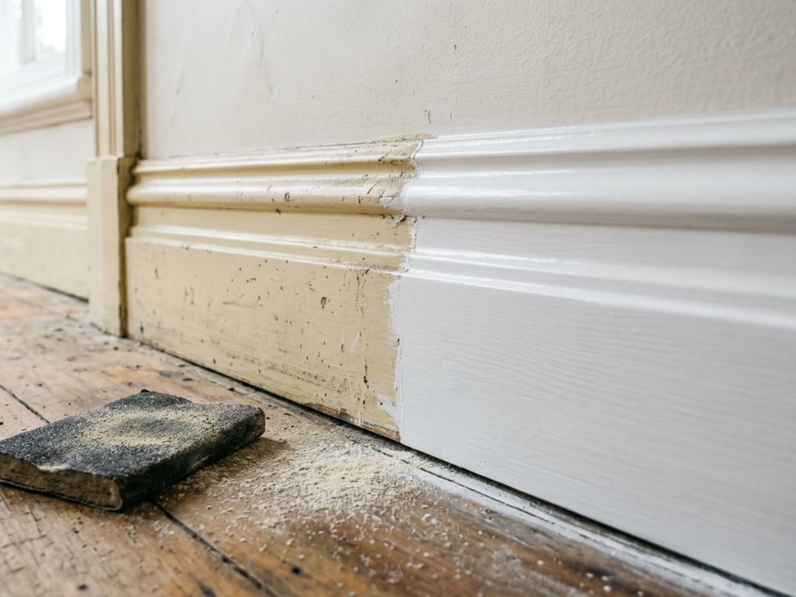 Skirting board half repainted white against the old yellowed enamel